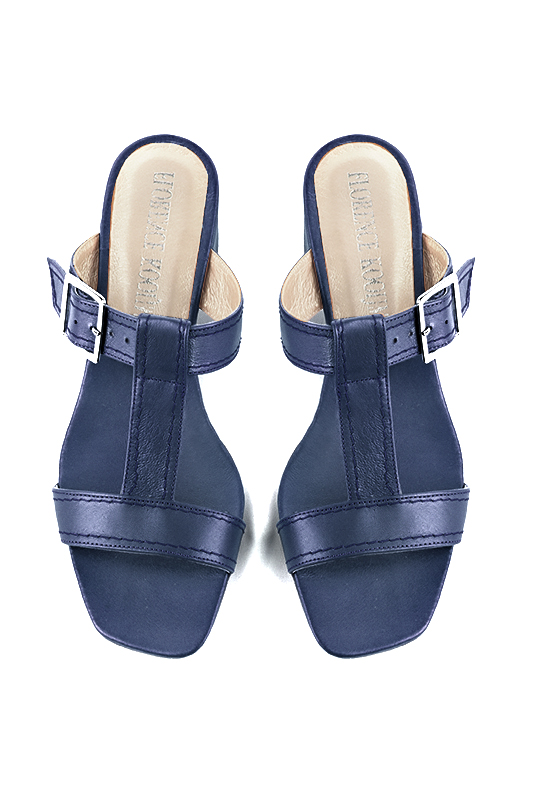 Prussian blue women's fully open mule sandals. Square toe. Low flare heels. Top view - Florence KOOIJMAN